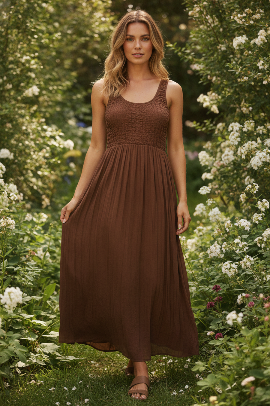 Mirella Smocked Bodice Maxi Dress on model