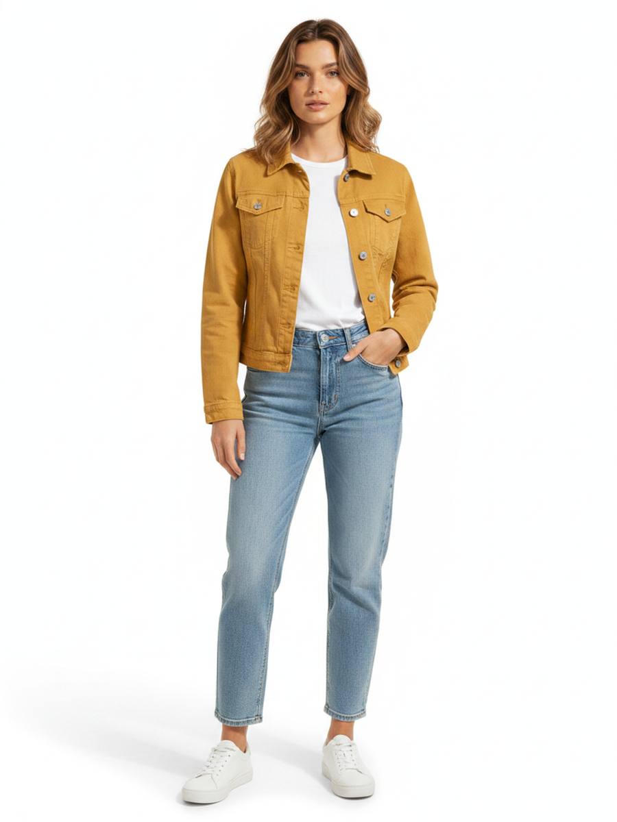 The Denim Jacket on model, front